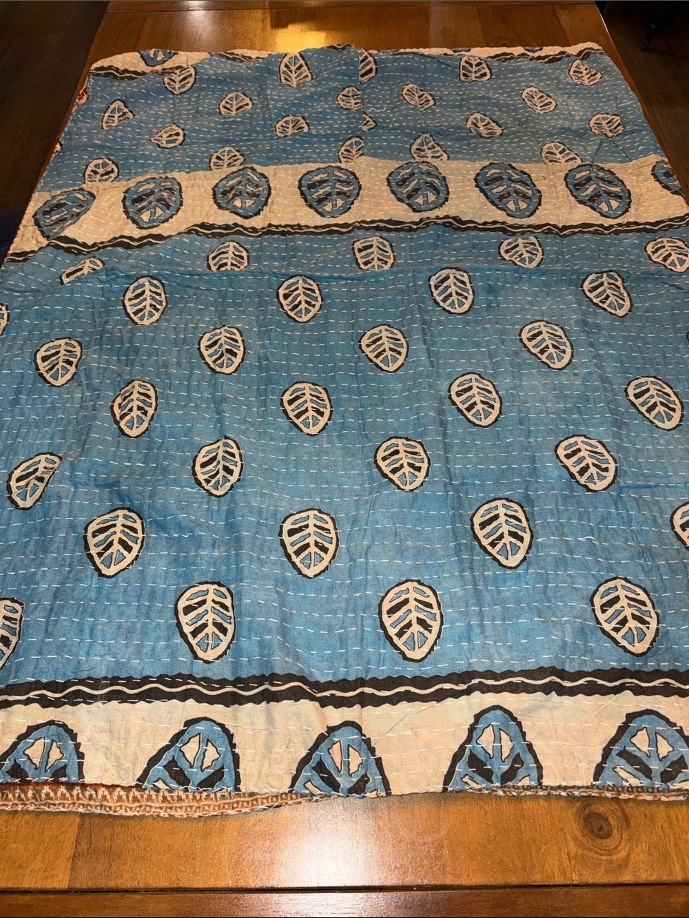 Handcrafted Blue Leaf Print Kantha Bedcover - Unbranded